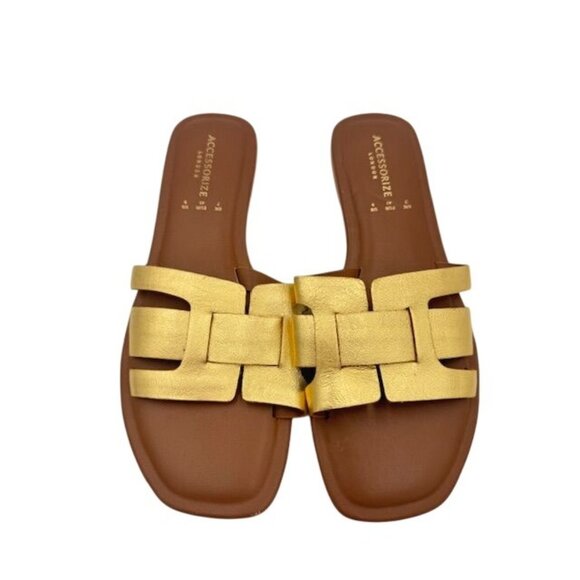 NWT Accessorize London Gold Slide Sandals size 9 Womens Faux Leather Flat Summer - Picture 2 of 5